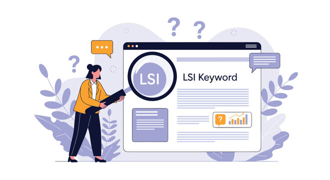 SEO optimization concept showing a digital marketing professional using a magnifying glass to research LSI keywords on a webpage.