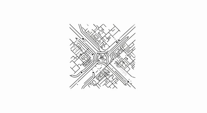 Black and white schematic of a complex urban intersection with traffic flow
