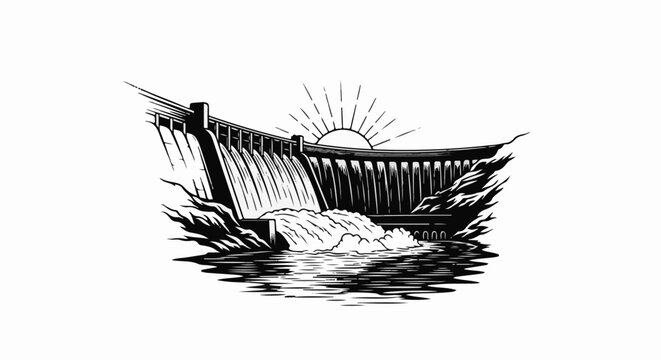 A stylized black and white illustration of a large dam with water flowing over it