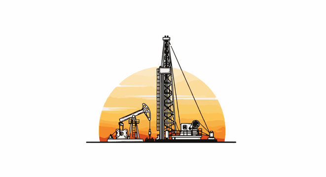 Oil drilling rig and pumpjack silhouetted against a sunset
