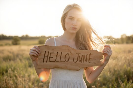 a woman holding a hello june sign in a field