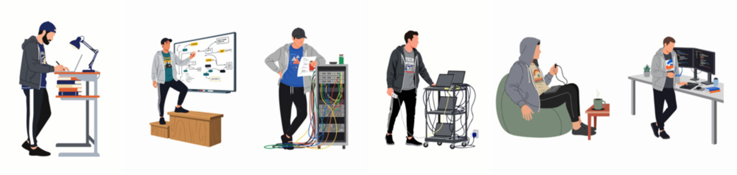 Flat vector illustrations depicting diverse IT professionals and software developers working in various office settings, server rooms, and creative workspaces.
