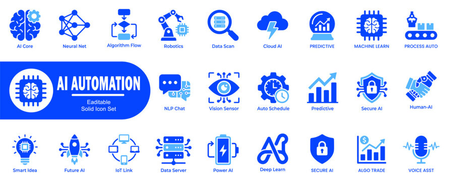 Ai automation solid icon set featuring neural networks machine learning cloud computing robotics predictive analytics and secure digital systems for business.