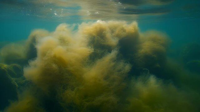 A dense cloud of greenish-brown sediment or algae bloom disperses underwater, creating a murky and turbid aquatic environment.