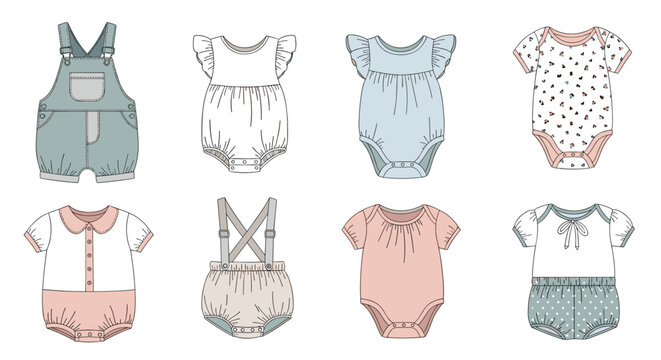 Collection of cute baby clothing designs including onesies, rompers, and overalls in soft pastel colors for infant fashion.