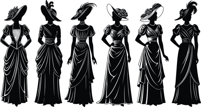 Set of vintage female silhouettes wearing elegant Victorian style dresses and ornate feathered hats for historical fashion and retro design