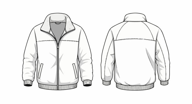 Front and back fashion illustration of a white bomber jacket with collar