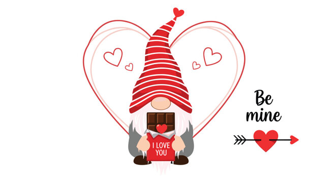 Cute Valentine gnome wearing a striped hat holds a chocolate bar with a heart and an I love you message for a romantic gift.