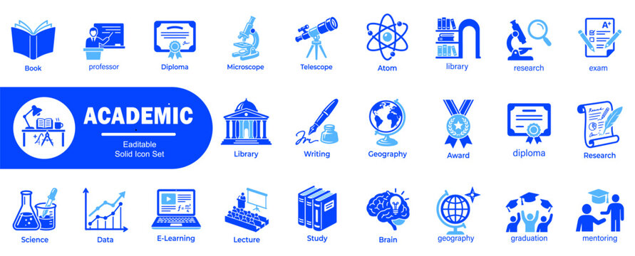 Academic solid icon set featuring education school university and learning symbols including professor research science library student graduation and mentoring.