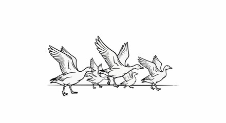 Obraz premium Flock of birds in flight, sketched with ink on white background
