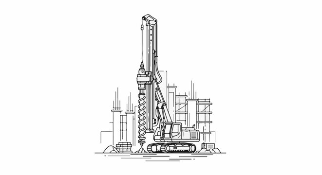 Construction site with drilling machine and unfinished structures