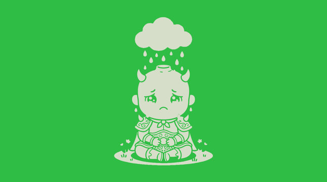 Sad Cartoon Character with Rain Cloud Above Head, Green Background.