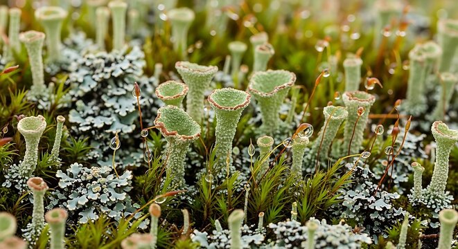 Closeup of cladonia fimbriata, also known as trumpet lichen, growing on mossy ground with water droplets on the tips of the moss stalks in a forest environment