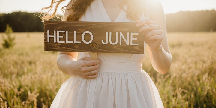 a woman holding a hello june sign in a field