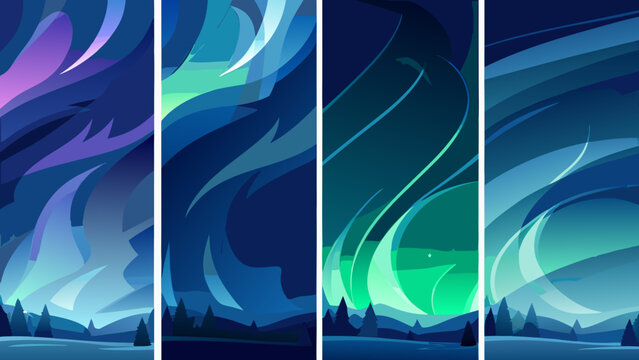 abstract aurora borealis illustrations set of four vector art panels
