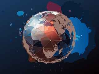 Geometric globe with polygonal mesh digital illustration with abstract paint splashes © Riya