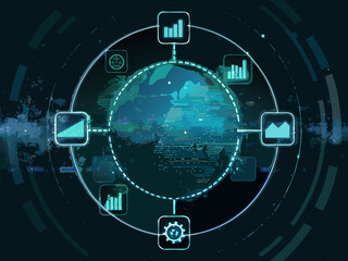 Fototapeta premium Pixelated globe surrounded by floating data icons and circular technology interface