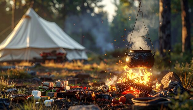 Camping scene at dusk with open white tent glowing campfire and cooking pot hanging over burning firewood. AI Generative
