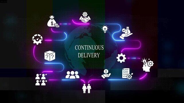 Continuous delivery concept with neon infographic and global network connectivity animation devops software development