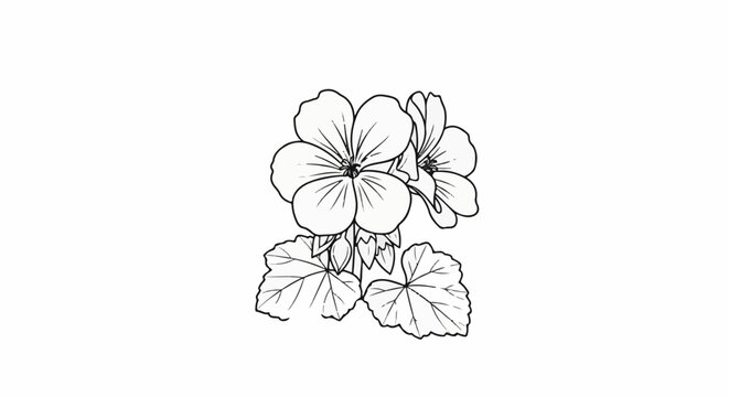 Delicate black and white line art of geranium flowers and leaves