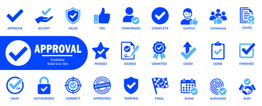 Approval symbol collection with checkmarks in flat blue design vector set featuring diverse icons for business compliance verification and project completion.