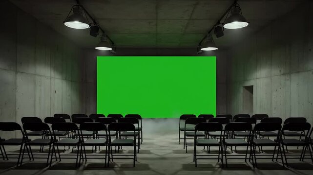 A dimly lit empty auditorium with rows of black chairs facing a large green screen on the wall