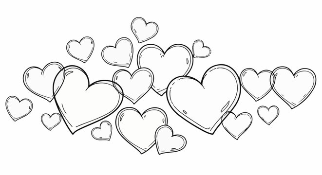 Hand-drawn hearts in various sizes arranged across a white background
