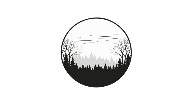 Minimalist black circle with layered forest silhouette and bare trees