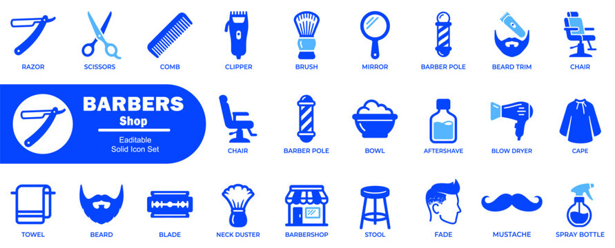 Barbershop equipment icon collection in blue vector style featuring hair grooming tools for men styling and professional salon maintenance and services.