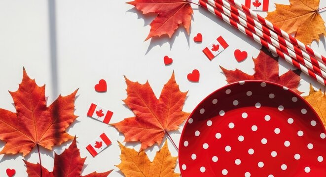 Canadian celebration with autumn leaves and patriotic symbols on white
