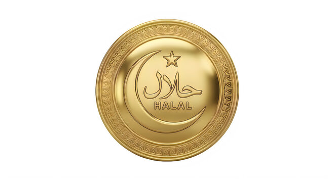 Golden halal badge with crescent moon and star symbol  islamic certification mark transparent background