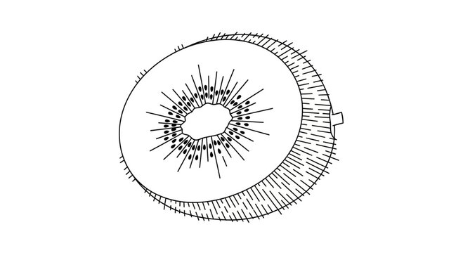 Hand-drawn sketch of a kiwi fruit slice, black and white illustration
