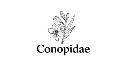 Fototapeta premium Delicate line drawing of a blooming flower and buds above bold text