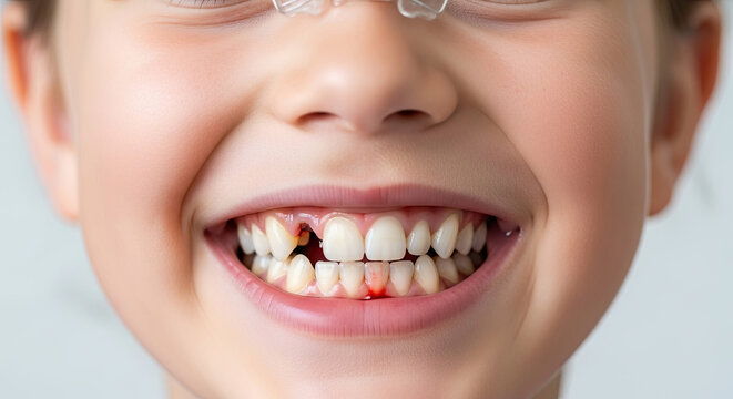 A young boy with a missing tooth smiles widely showing his teeth