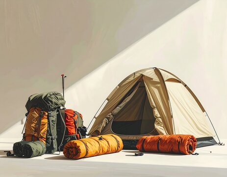 Orange and olive camping gear collection featuring dome tent large hiking backpacks and sleeping rolls. AI Generative