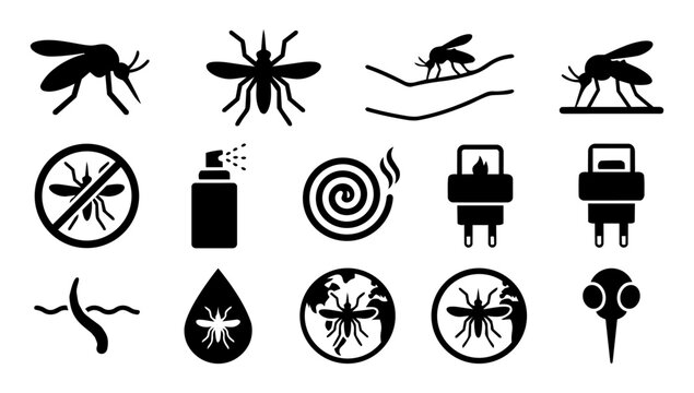 Mosquito and Pest Control Silhouette Icon Set &ndash; Insect Bite Repellent Spray Coil Collection