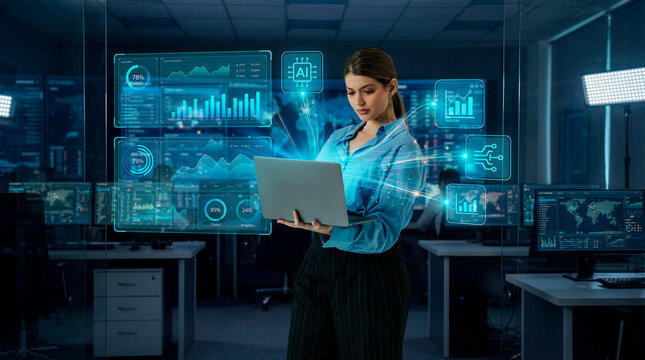 Data analyst woman working with AI analytics dashboard on laptop in modern office