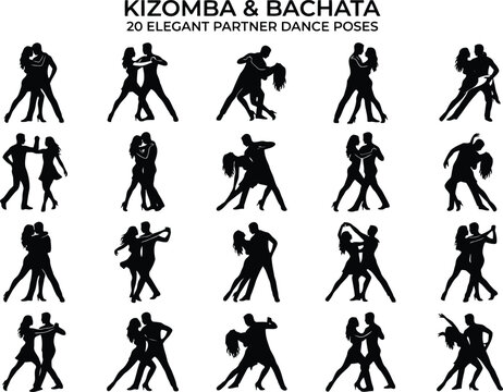 Kizomba and Bachata Partner Dance Silhouette Poses Collection