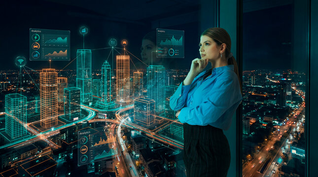 Businesswoman analyzing smart city data visualization over urban skyline at night