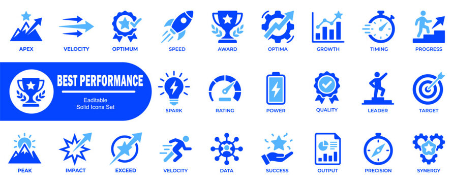Best performance icons set speed power and success symbols including trophy award rocket chart star target medal and leader figure for business and sports.
