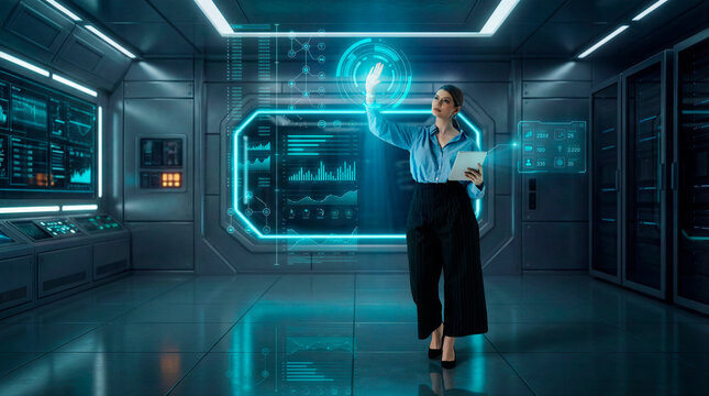 Analyst woman controlling data dashboard in futuristic control room