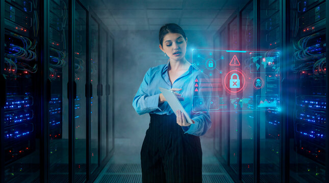 Cybersecurity specialist woman reviewing threat alerts on tablet in server room