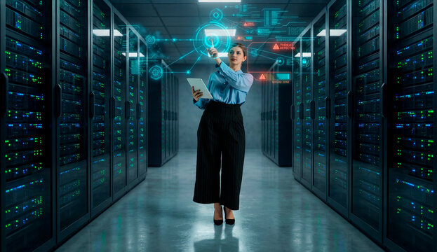 Cybersecurity analyst woman monitoring network threat detection system in server room