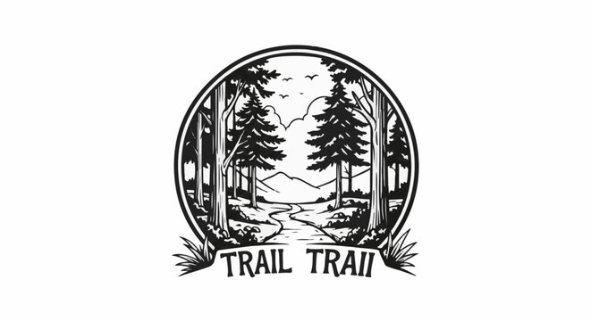 Circular emblem with forest path leading to distant mountains, bordered by trees and text