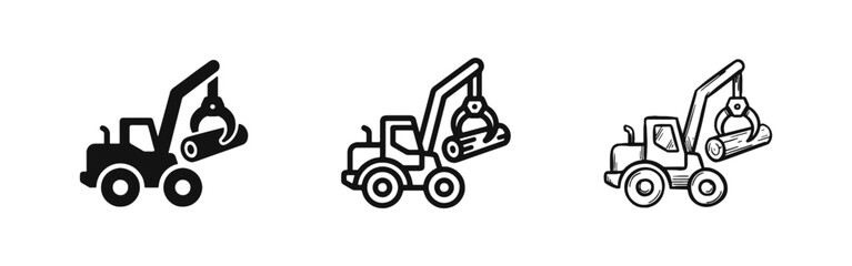 Naklejka premium Forestry Log Loader Vehicle Icon Set Representing Timber Industry and Wood Processing