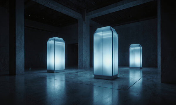 Cryo chambers capsules laboratory glow in a dark minimalist industrial hall with concrete pillars for science fiction concepts