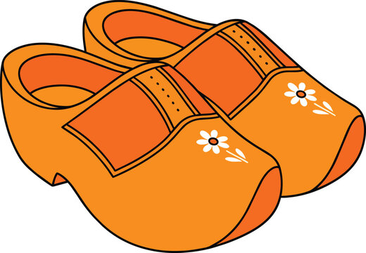 Traditional Orange Dutch Wooden Clogs with White Flower Pattern