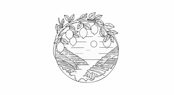 Circular emblem with lemons on branches above a river canyon landscape