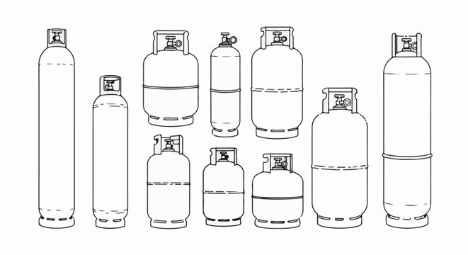 Line art illustration of various sizes and shapes of gas cylinders