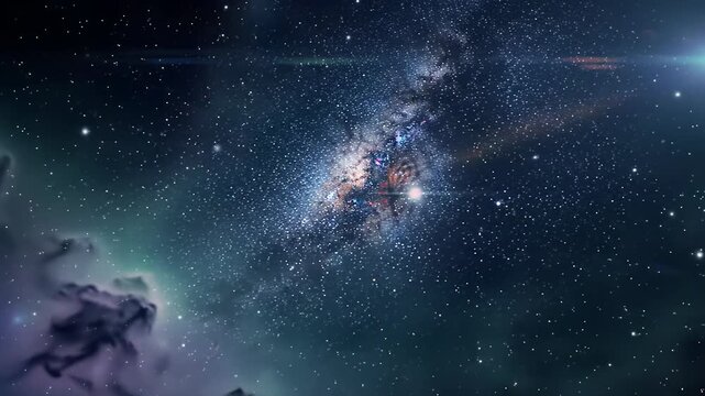 Majestic milky way galaxy slowly drifts through the infinite cosmic abyss, crystalline stars twinkling, subtle violet & teal nebula swirling, gentle cinematic drift. Sublime beauty of the universe